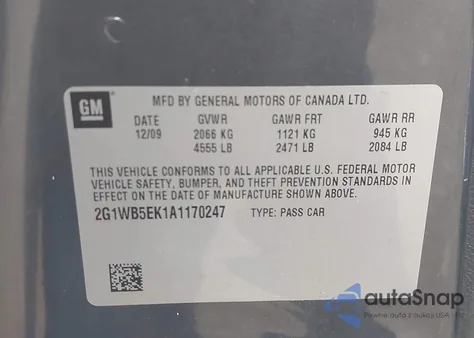 2010 Chevrolet Impala Lt из США, поврежденный, VIN 2G1WB5EK1A1170247